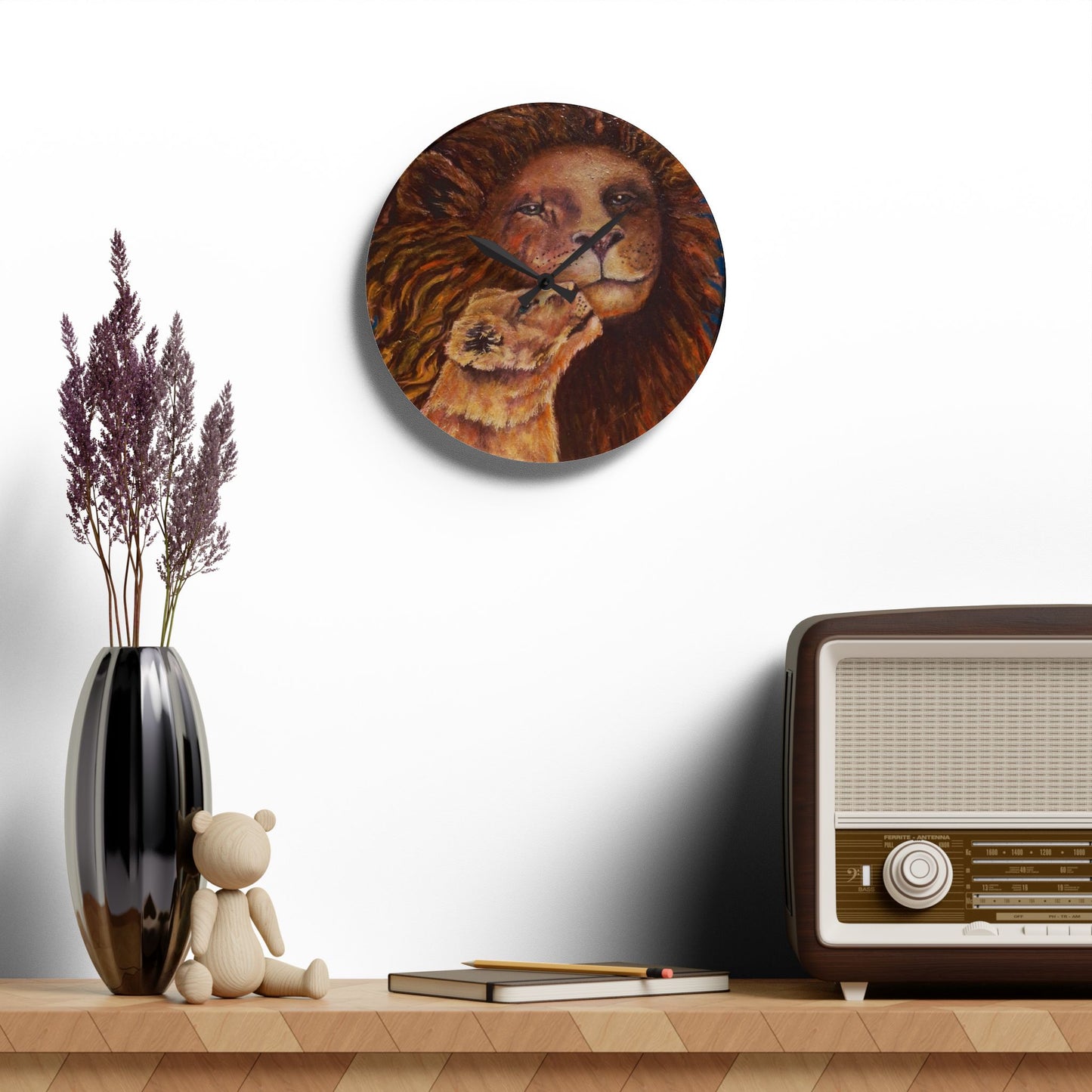 Lion & Cub Acrylic Wall Clock — Warm Rustic Wildlife Home Decor