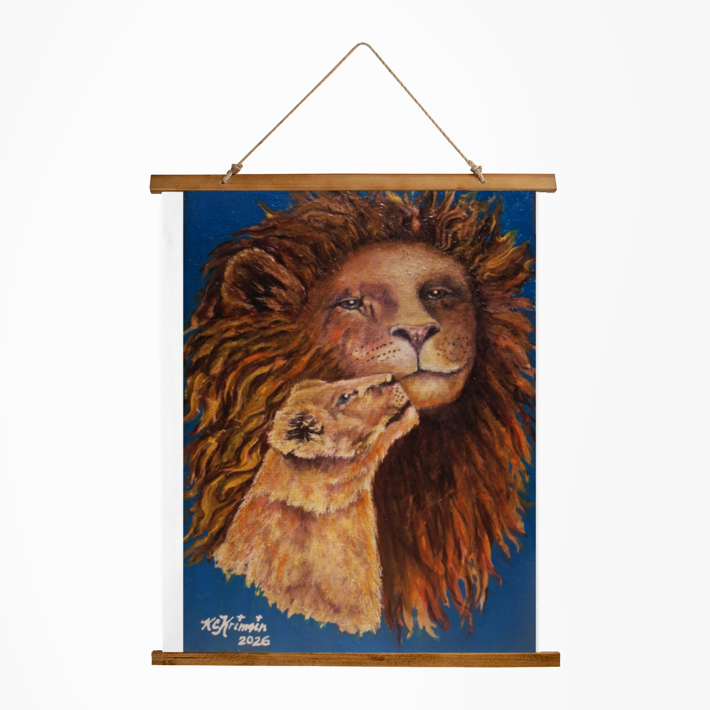 Father's Pride Lion Wall Tapestry — Father & Cub Wood-Topped Tapestry