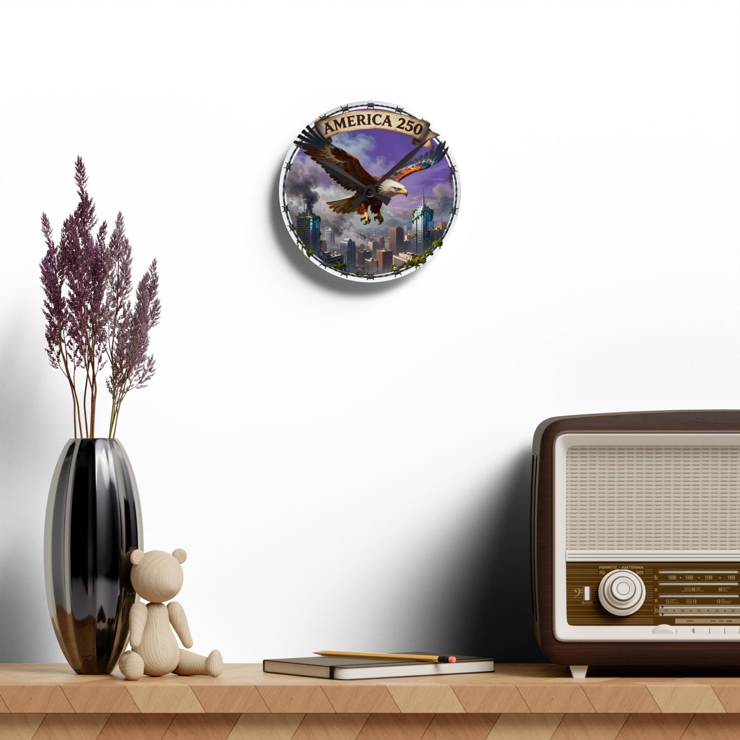 Acrylic Wall Clock — 'America 250' Patriotic Eagle City Skyline Clock