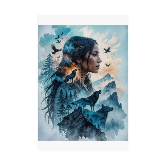 "MAIDEN WOLF" by KC Krimsin, 2025.Satin Poster — Mystic Wolf & Woman Art Print (210gsm)