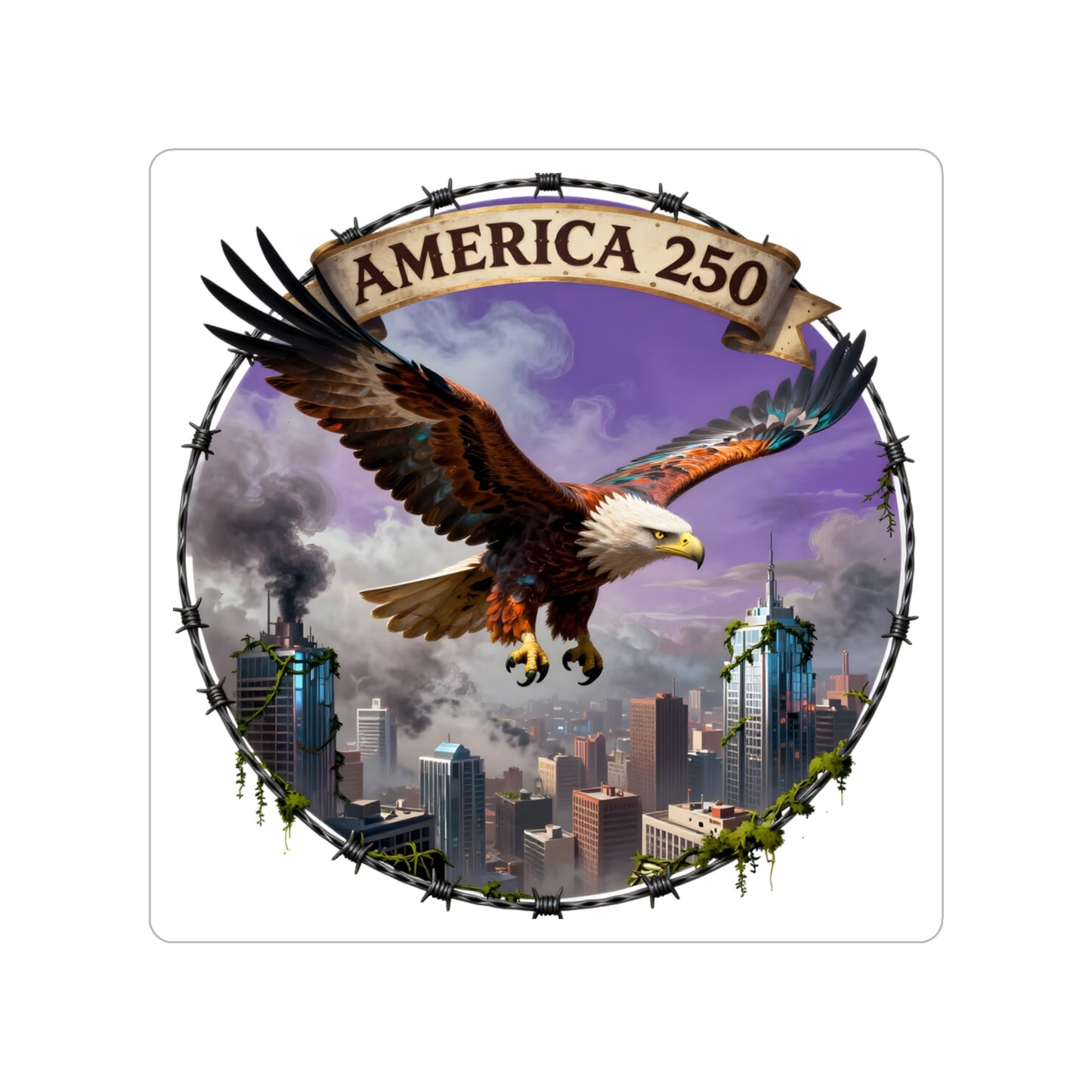 America 250 Die-Cut Sticker — Bald Eagle Over City Skyline (Transparent Outdoor)