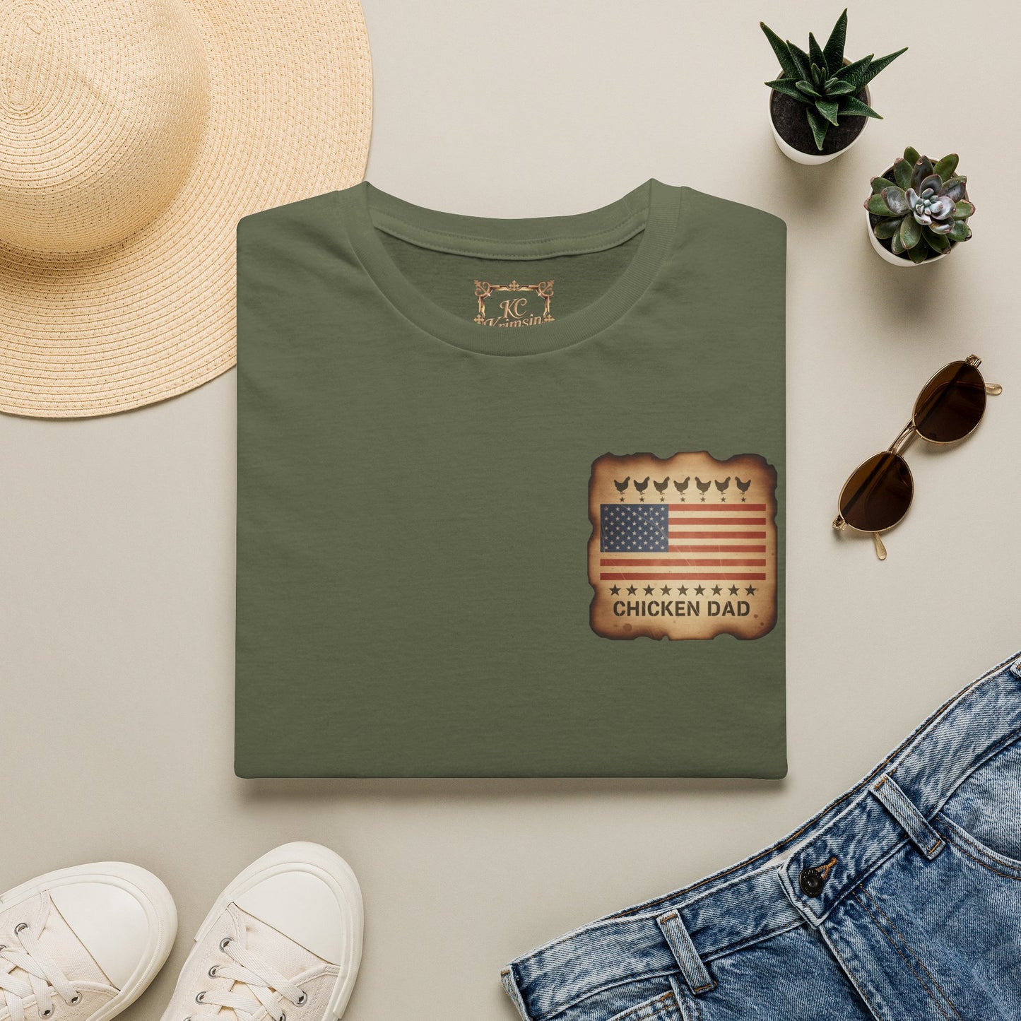 Chicken Dad T-Shirt -Dual side print— American Flag Chicken Silhouette Funny Tee for Chicken Owners