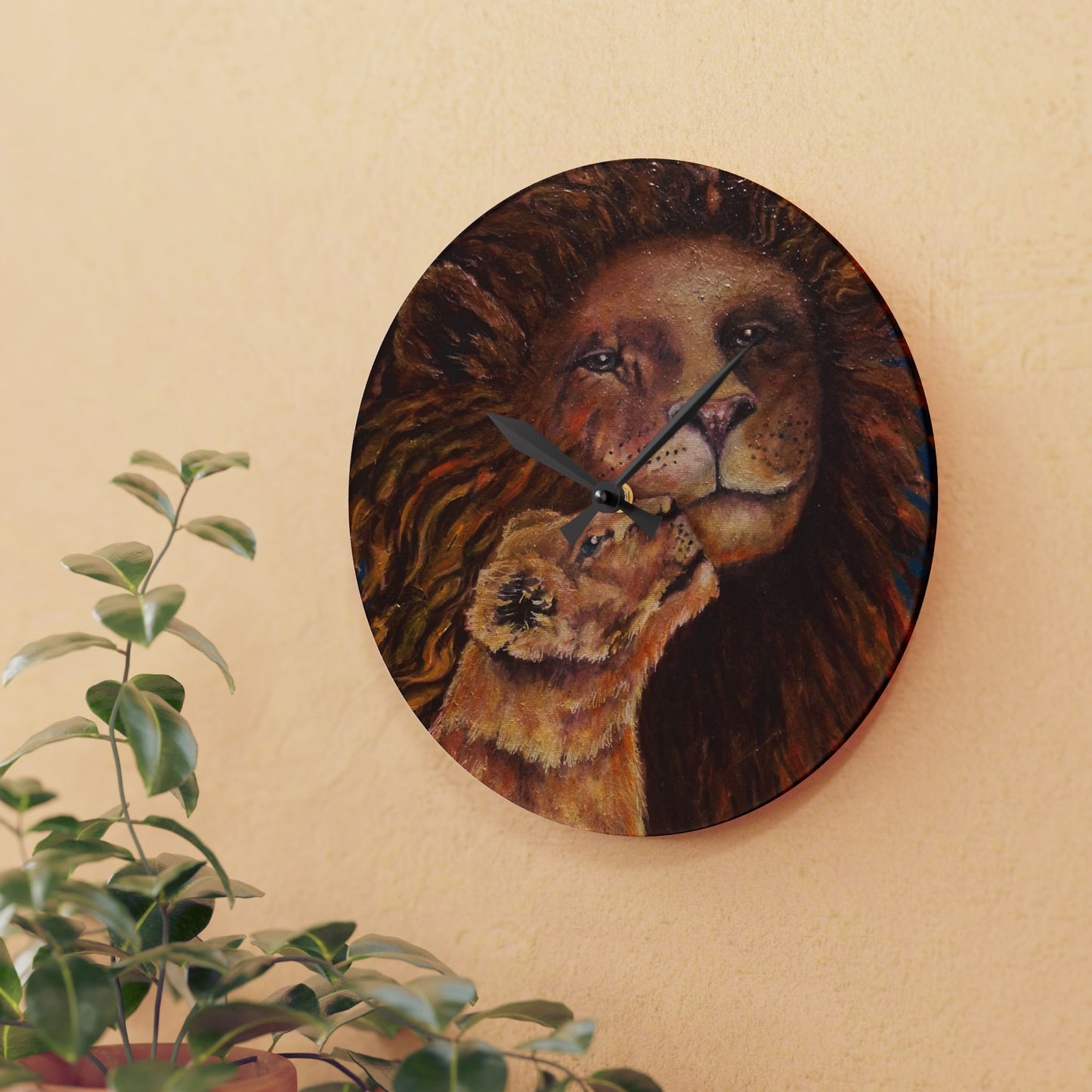 Lion & Cub Acrylic Wall Clock — Warm Rustic Wildlife Home Decor