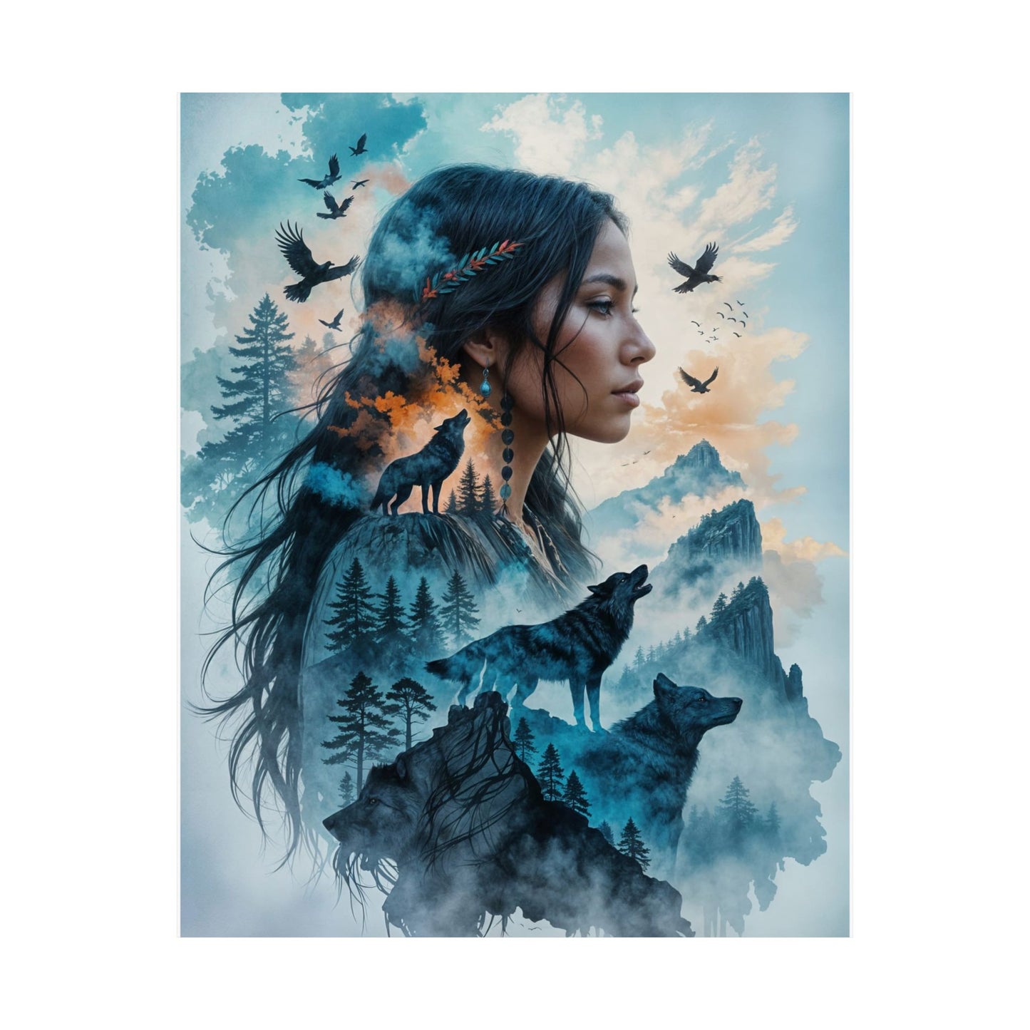 "MAIDEN WOLF" by KC Krimsin, 2025.Satin Poster — Mystic Wolf & Woman Art Print (210gsm)