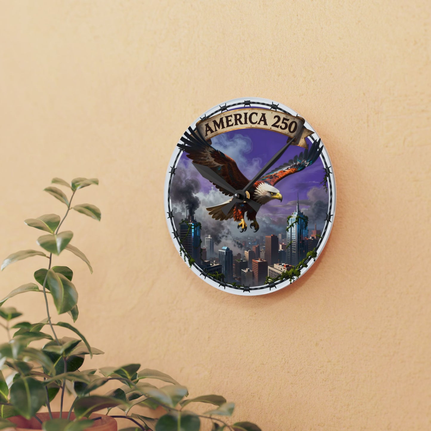 Acrylic Wall Clock — 'America 250' Patriotic Eagle City Skyline Clock
