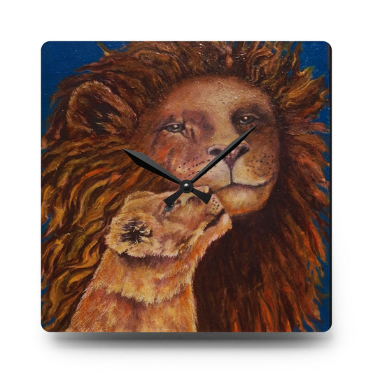 Lion & Cub Acrylic Wall Clock — Warm Rustic Wildlife Home Decor