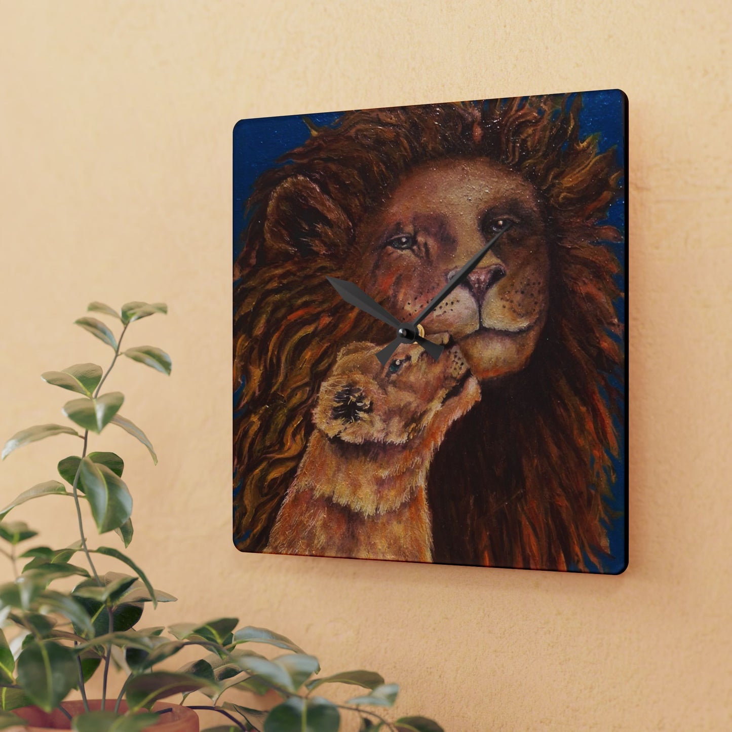 Lion & Cub Acrylic Wall Clock — Warm Rustic Wildlife Home Decor