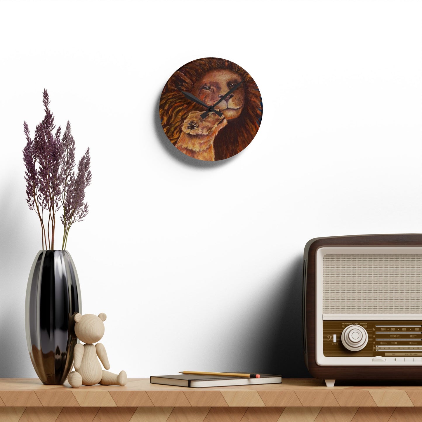 Lion & Cub Acrylic Wall Clock — Warm Rustic Wildlife Home Decor