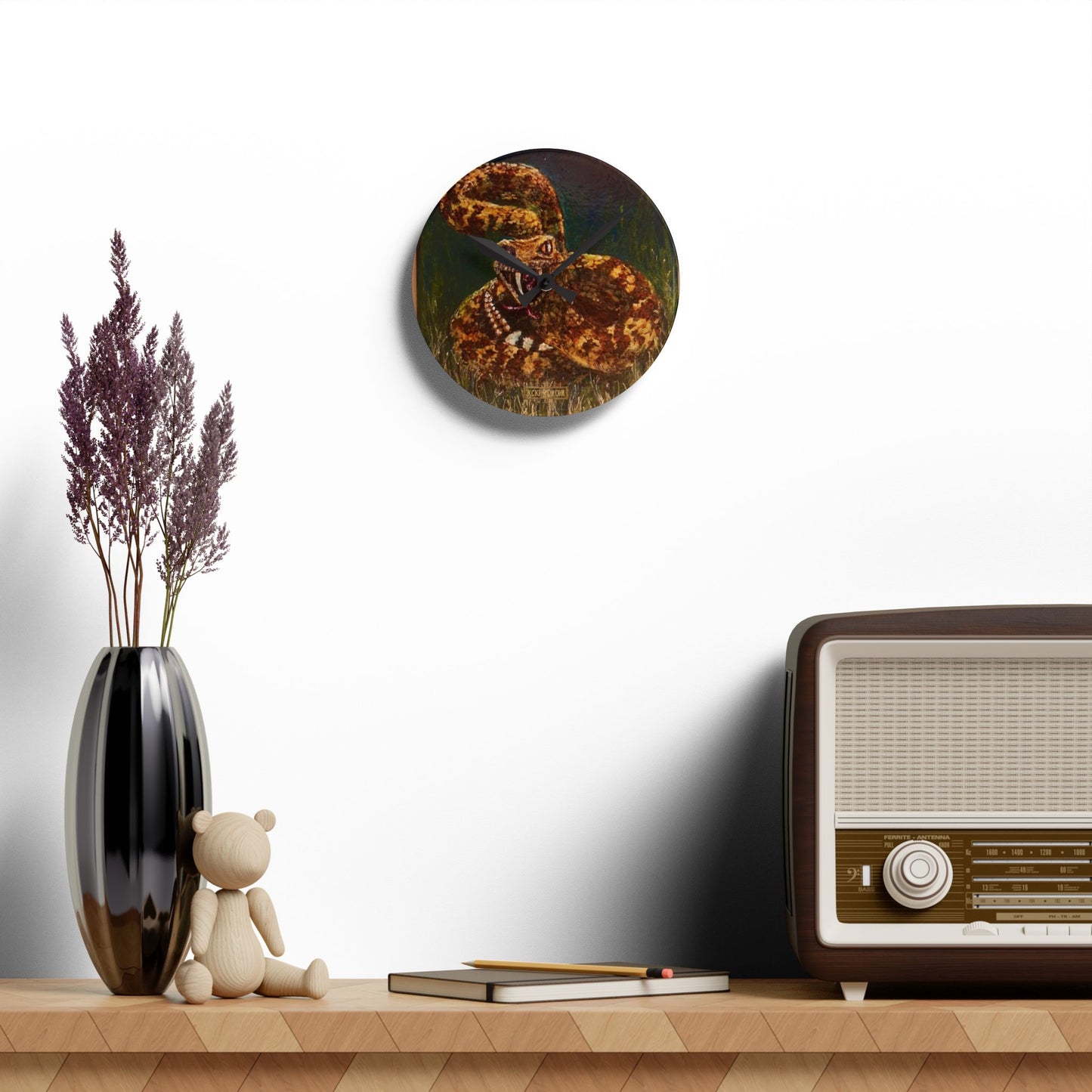 Diamondback Rattlesnake Acrylic Wall Clock — Southwest Fantasy Snake Art