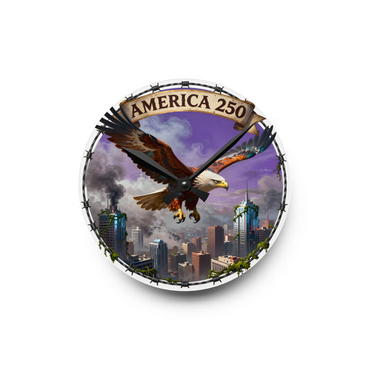 Acrylic Wall Clock — 'America 250' Patriotic Eagle City Skyline Clock