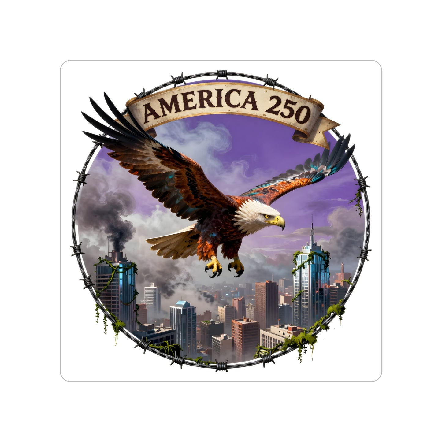 America 250 Die-Cut Sticker — Bald Eagle Over City Skyline (Transparent Outdoor)