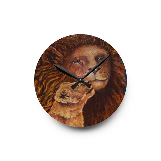 Lion & Cub Acrylic Wall Clock — Warm Rustic Wildlife Home Decor