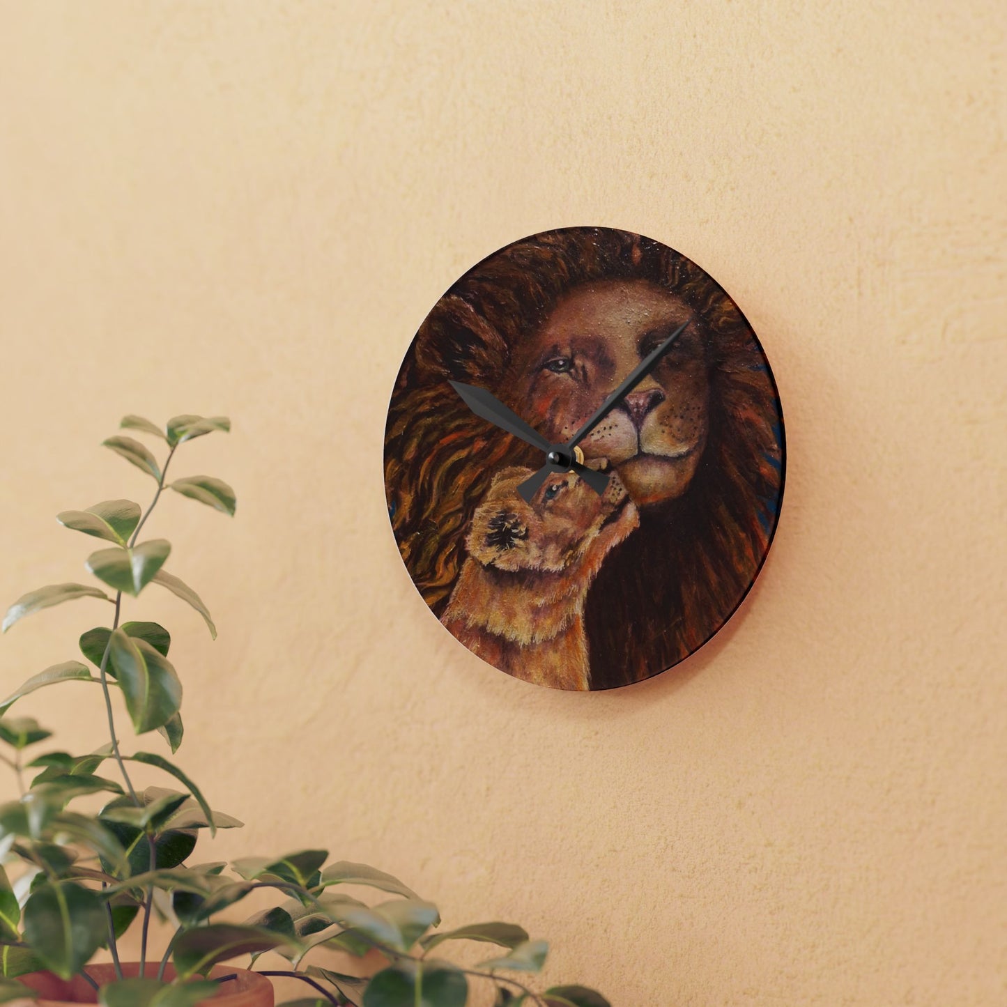 Lion & Cub Acrylic Wall Clock — Warm Rustic Wildlife Home Decor