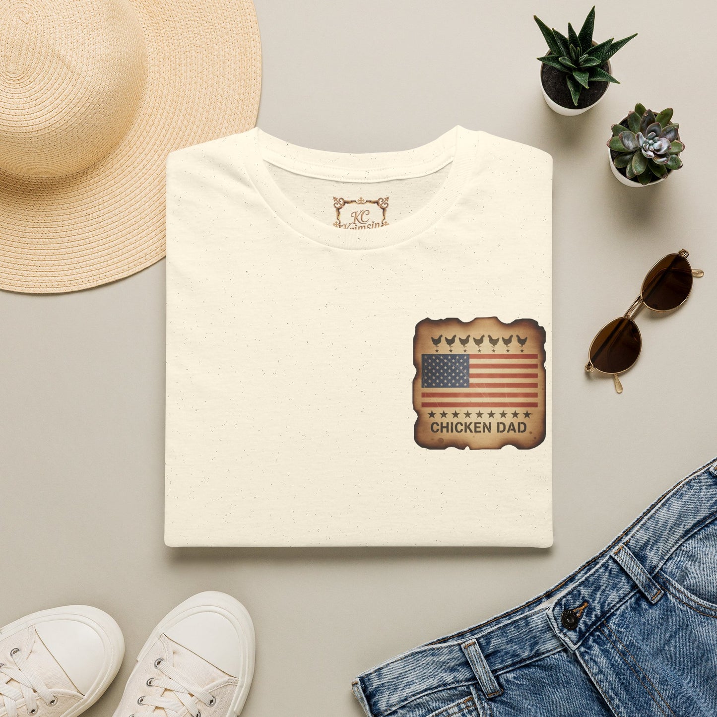 Chicken Dad T-Shirt -Dual side print— American Flag Chicken Silhouette Funny Tee for Chicken Owners