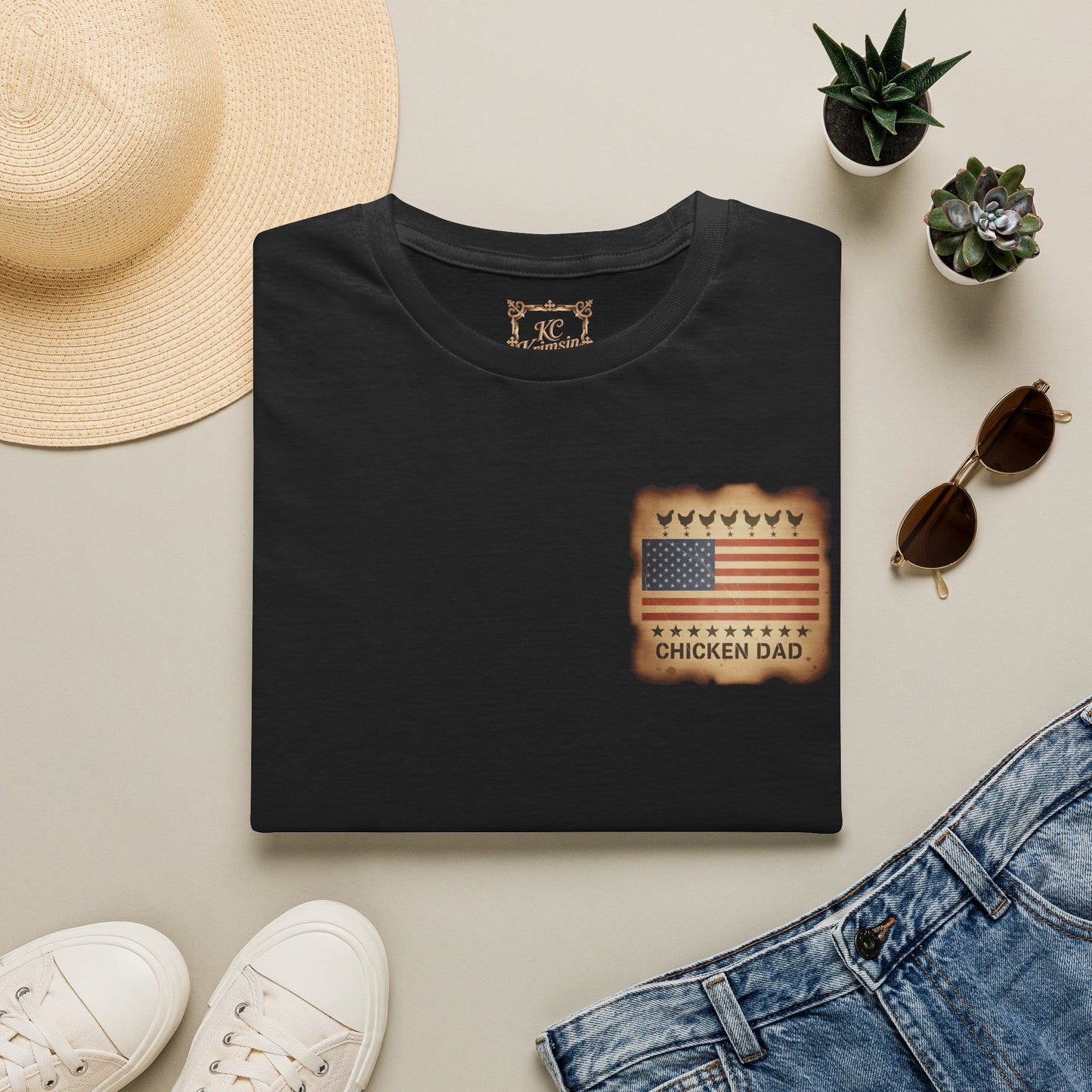 Chicken Dad T-Shirt -Dual side print— American Flag Chicken Silhouette Funny Tee for Chicken Owners