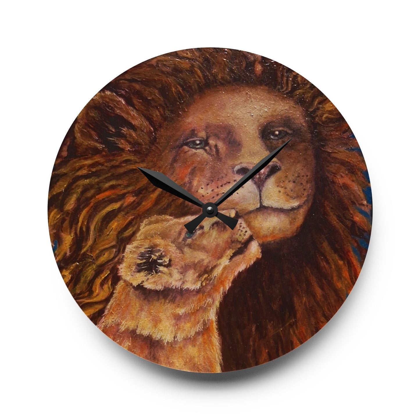 Lion & Cub Acrylic Wall Clock — Warm Rustic Wildlife Home Decor