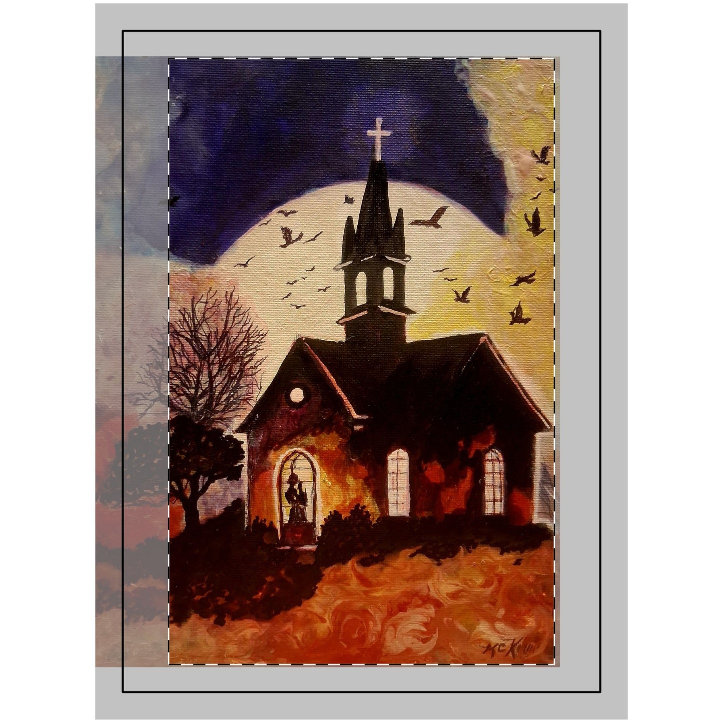 Midnight Mass Wall Tapestry — Church Silhouette with Full Moon & Crows