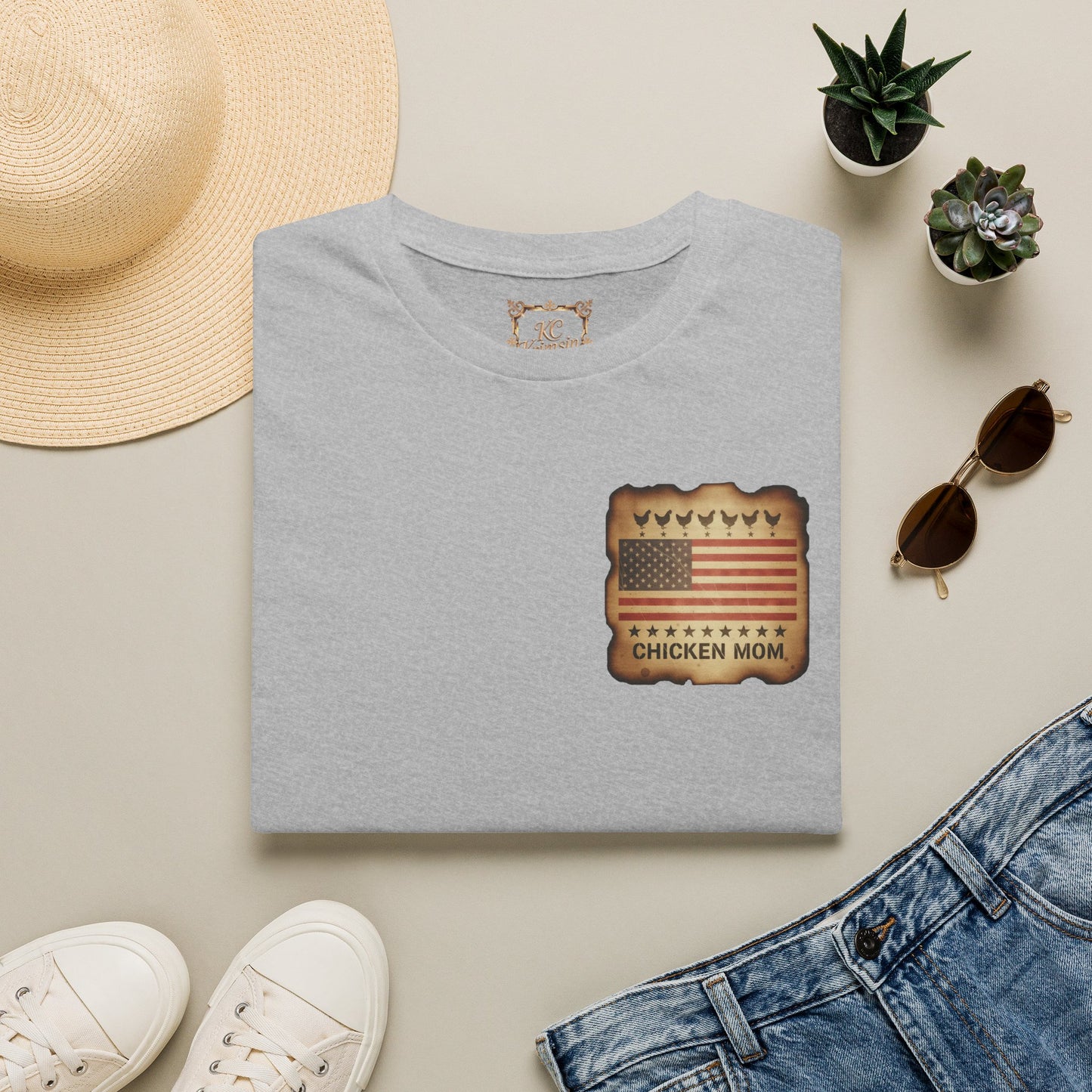 Chicken MOM T-Shirt -Dual side print— American Flag Chicken Silhouette Funny Tee for Chicken Owners
