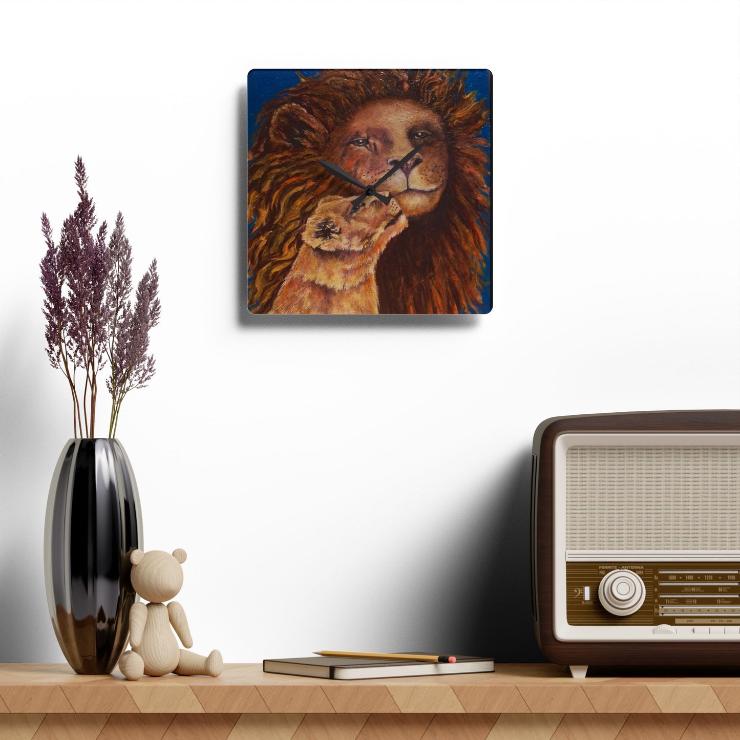 Lion & Cub Acrylic Wall Clock — Warm Rustic Wildlife Home Decor