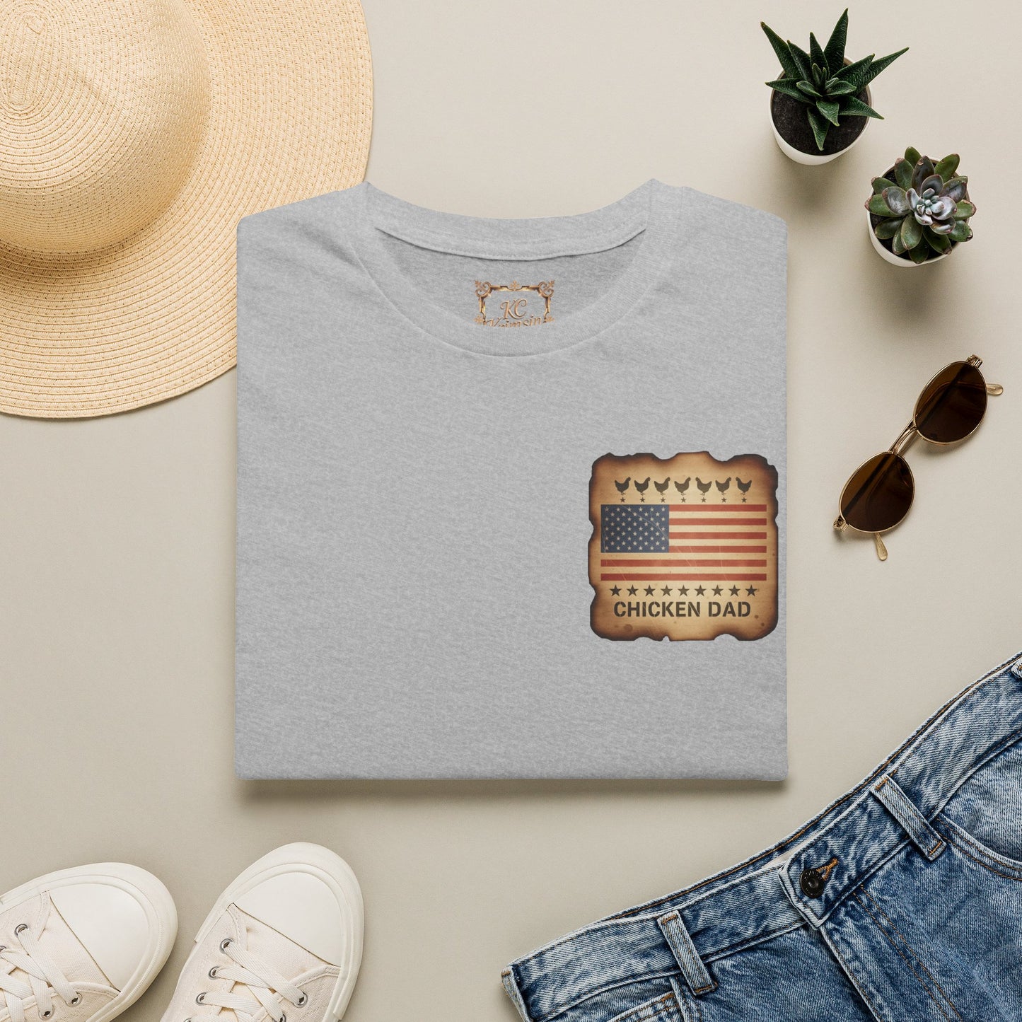 Chicken Dad T-Shirt -Dual side print— American Flag Chicken Silhouette Funny Tee for Chicken Owners