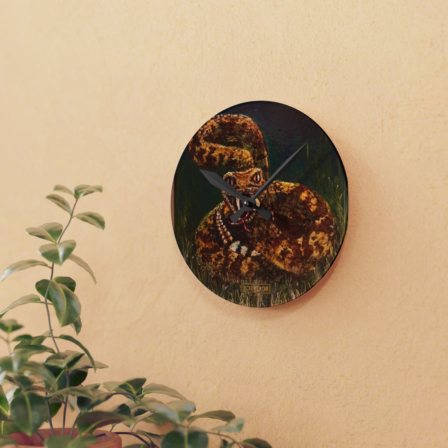 Diamondback Rattlesnake Acrylic Wall Clock — Southwest Fantasy Snake Art